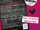 Flyer met oproep van Taxi Protest Amsterdam, met daarnaast het Techwerkerslogo, een zwart hart emoji, en de naam Taxi Protest Amsterdam